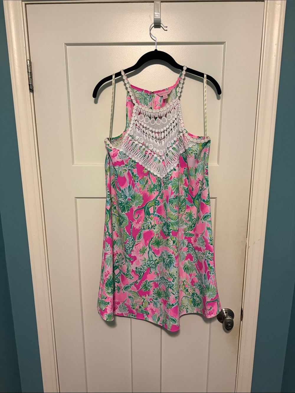 Lilly Pulitzer Pink & Green Tropical Crochet-Yoke Halter Style Shift Dress